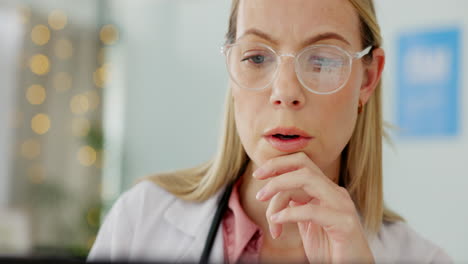 Woman-doctor,-thinking-and-focus-reading-of-web