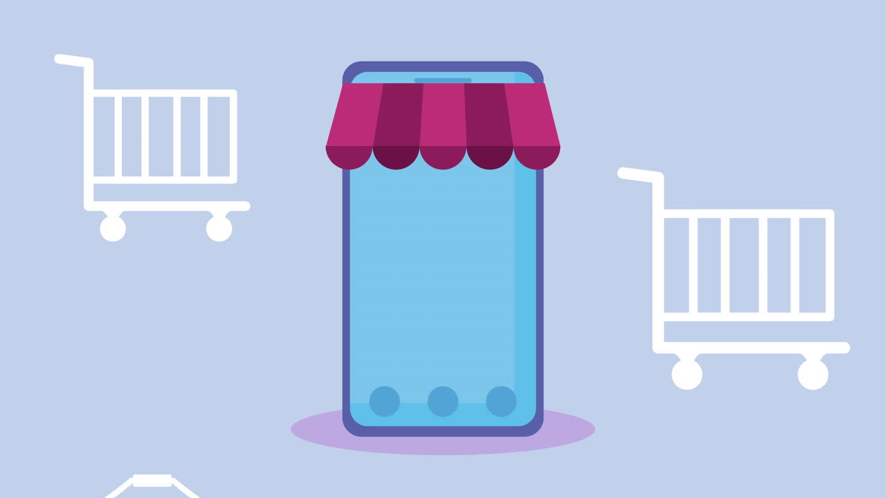 스마트폰과 우산으로 온라인 상거래 애니메이션