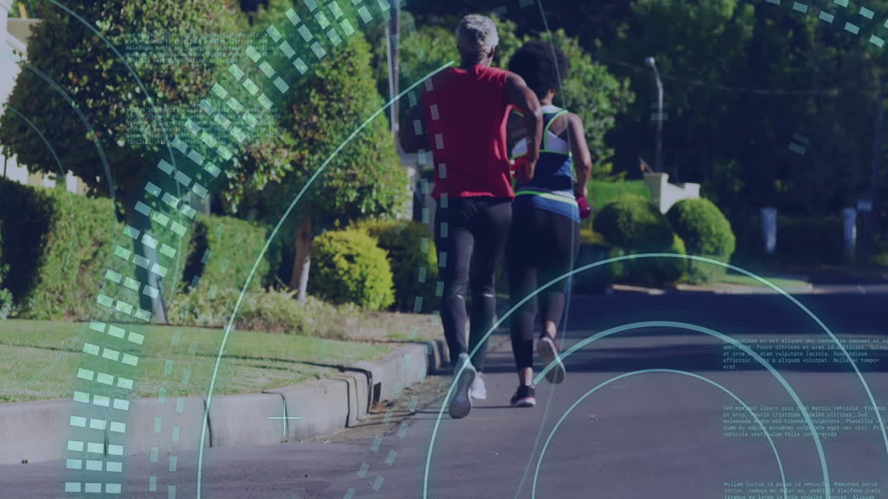 Animation of scope scanning over african american couple running, slow motion