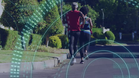 animation of scope scanning over african american couple running, slow motion