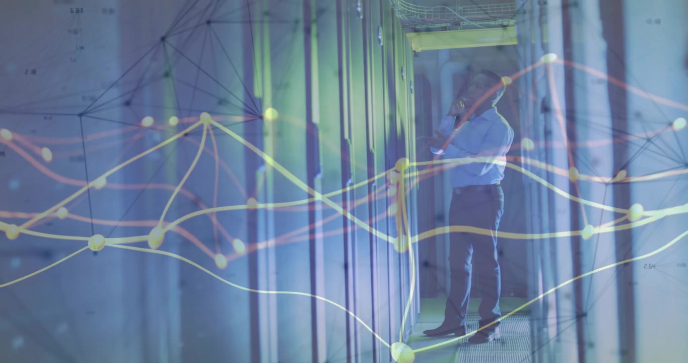 IT engineer entering data center corridor, inspecting server racks with animated network flows