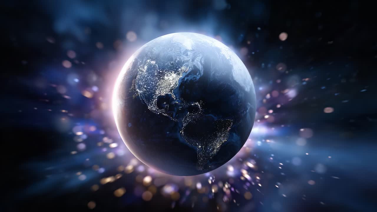 Visual Bumi yang menakjubkan diterangi oleh cahaya bintang, menangkap keindahan dan misteri Planet Kita di tengah Latar Belakang kosmik Energi dan Cahaya yang cerah
