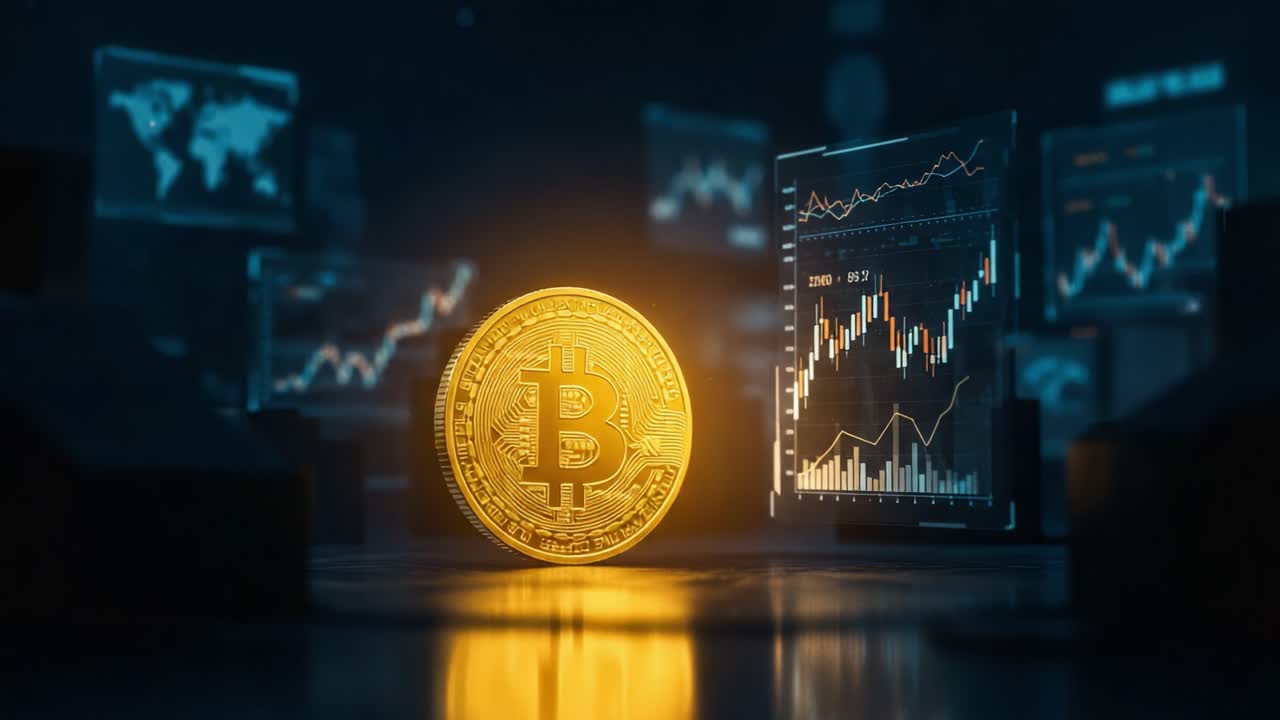 A Stunning Display of Cryptocurrency: Bitcoin Enveloped in a Warm Glow with Financial Charts and Graphs Illuminating the Background