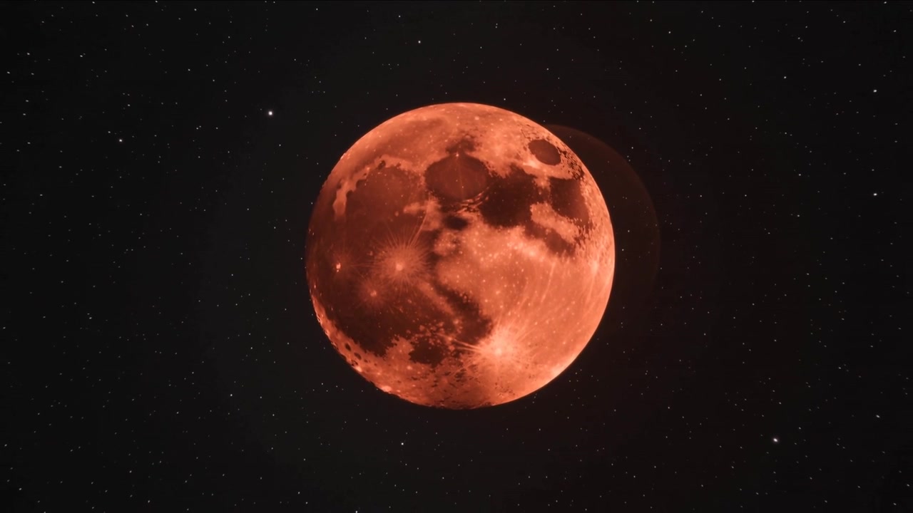 Advancing frames showing red-orange full Moon deepening right shadow in space, with stars