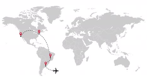 animation route of airplane on the world map. line path airplane. flight route with pointer, dash line trace animation.