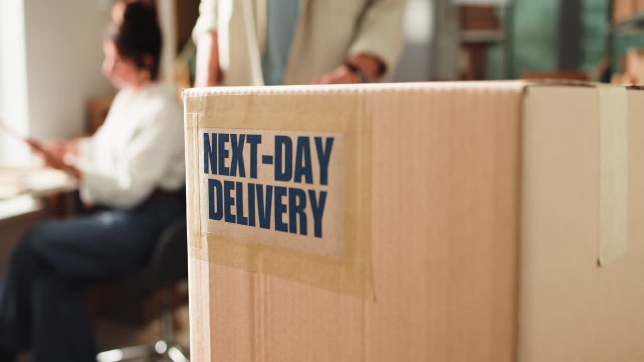 Hands Picking Up a Next-Day Delivery Box in an Office