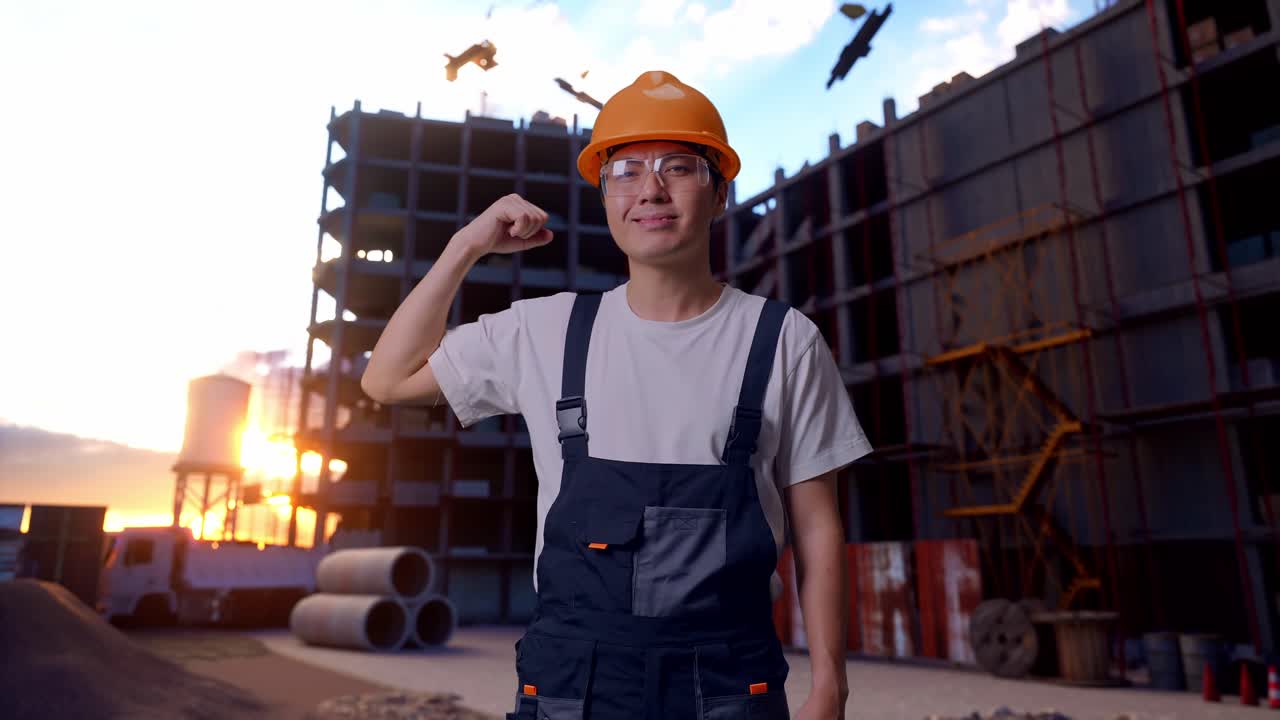 un trabajador asiático flexiona su bíceps en un sitio de construcción