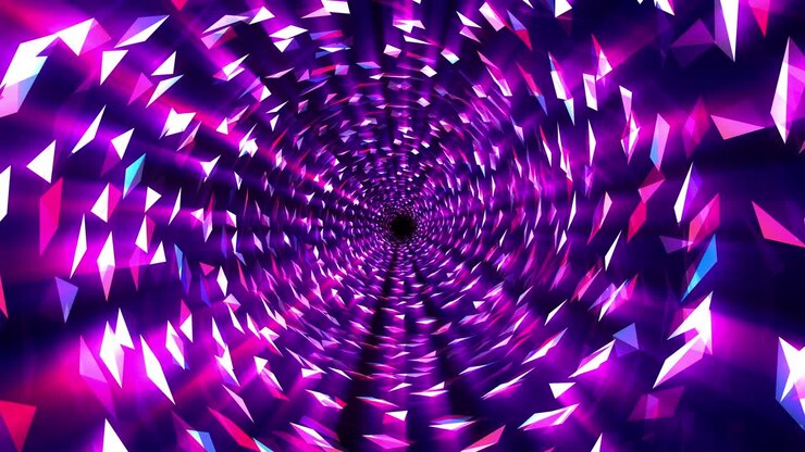 Voo infinito por um túnel digital cibernético de wire-frame com luzes neon azul-púrpura. Animação 4K 3D pronta para loop de túnel digital de viagem. Clipe VJ de fundo estilo vintage futurista com wire-frame.