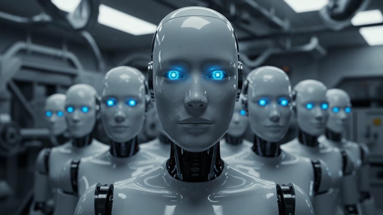 A Glimpse into the Future of Robotics: Close-Up of Advanced Humanoid Robots with Luminous Blue Eyes in a Futuristic Workshop Environment