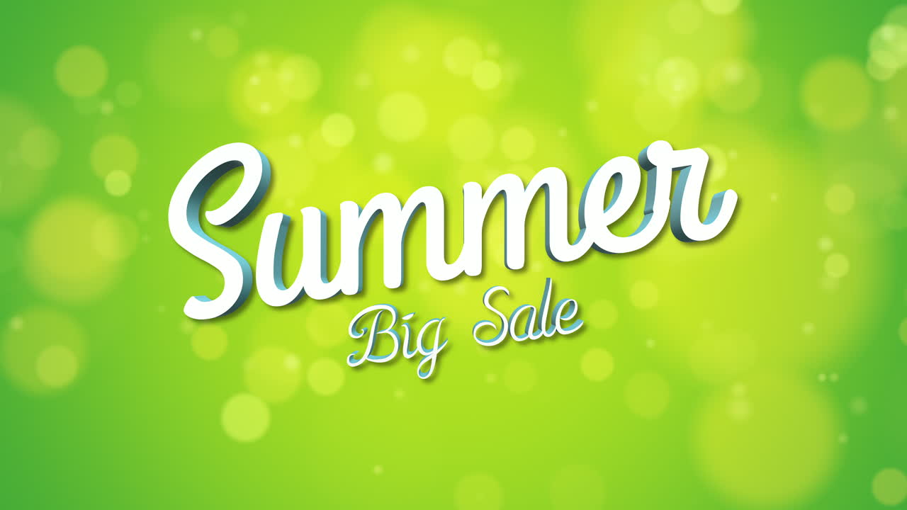 초록색 그라디엔트에 날아다니는 둥근 보케와 반 ⁇ 이는 큰 여름 판매