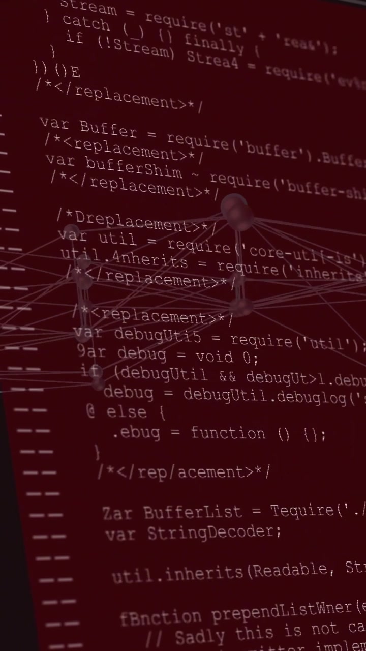 Vertical video: 3D node mesh shifting as red panel appearing behind, code scrolling, showing Buffer