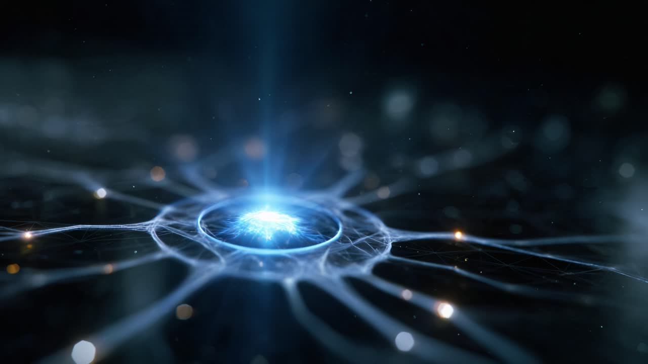 Affascinante esplosione di energia blu in una rete cosmica: Un viaggio attraverso le intricate connessioni di luce e materia in un universo digitale.