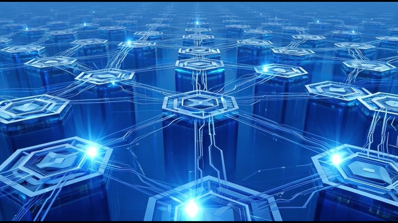 Digital Network Grid with Glowing Data Connections