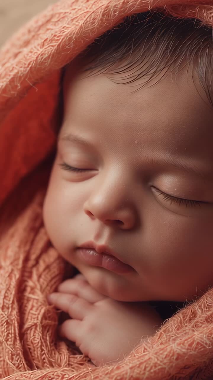 Vertical video: Sleeping wrapped newborn breathing, face rising and hands moving studio orange wrap