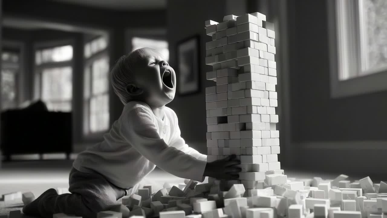 A Child's Journey of Emotion: From Frustration to Joy Captured in Two Moments with Building Blocks