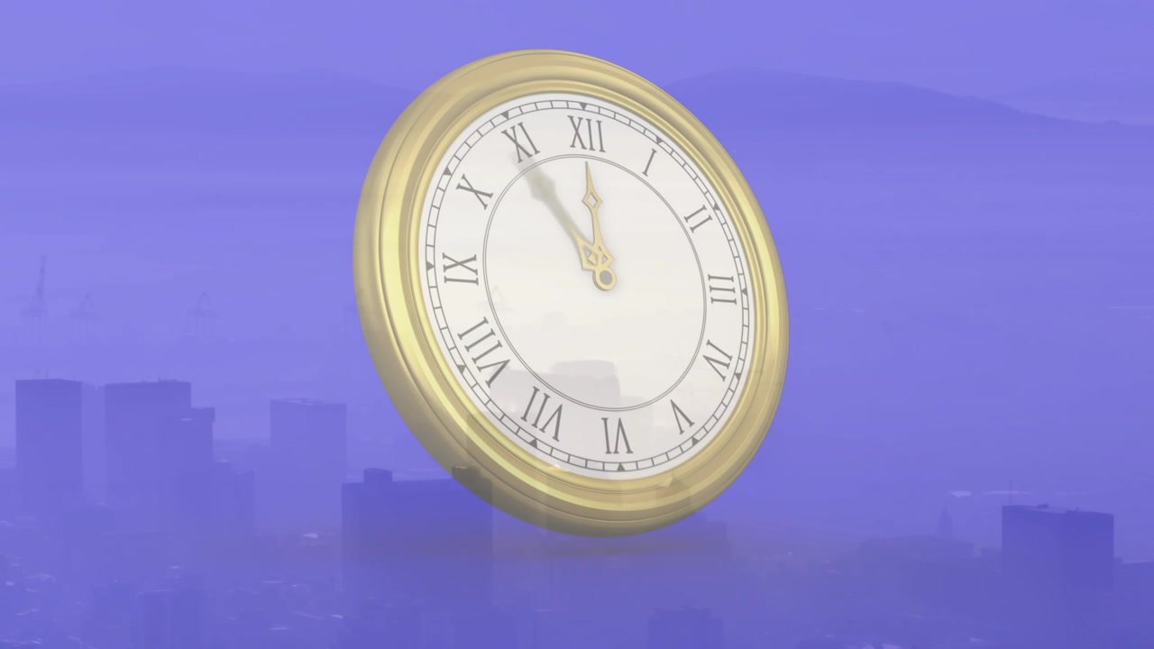 Ornate gold clock rotating and drifting on playback start, hands moving clockwise, showing time