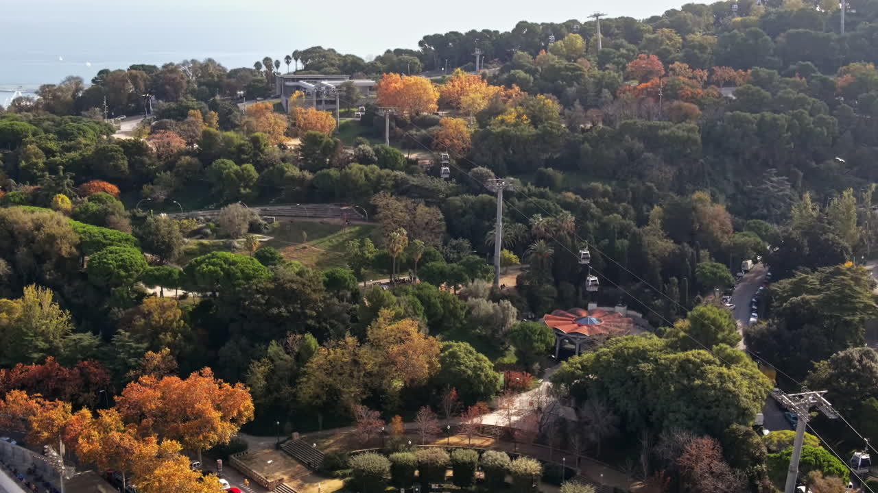 Aerial drone view of Barcelona city at daylight. Montjuic district. Spain
