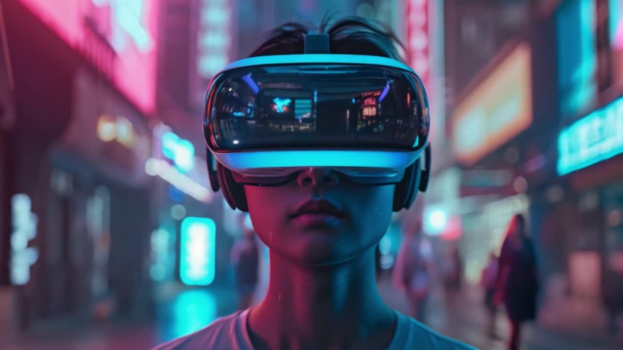 Person Immersed in Virtual Reality on a Cyberpunk City Street