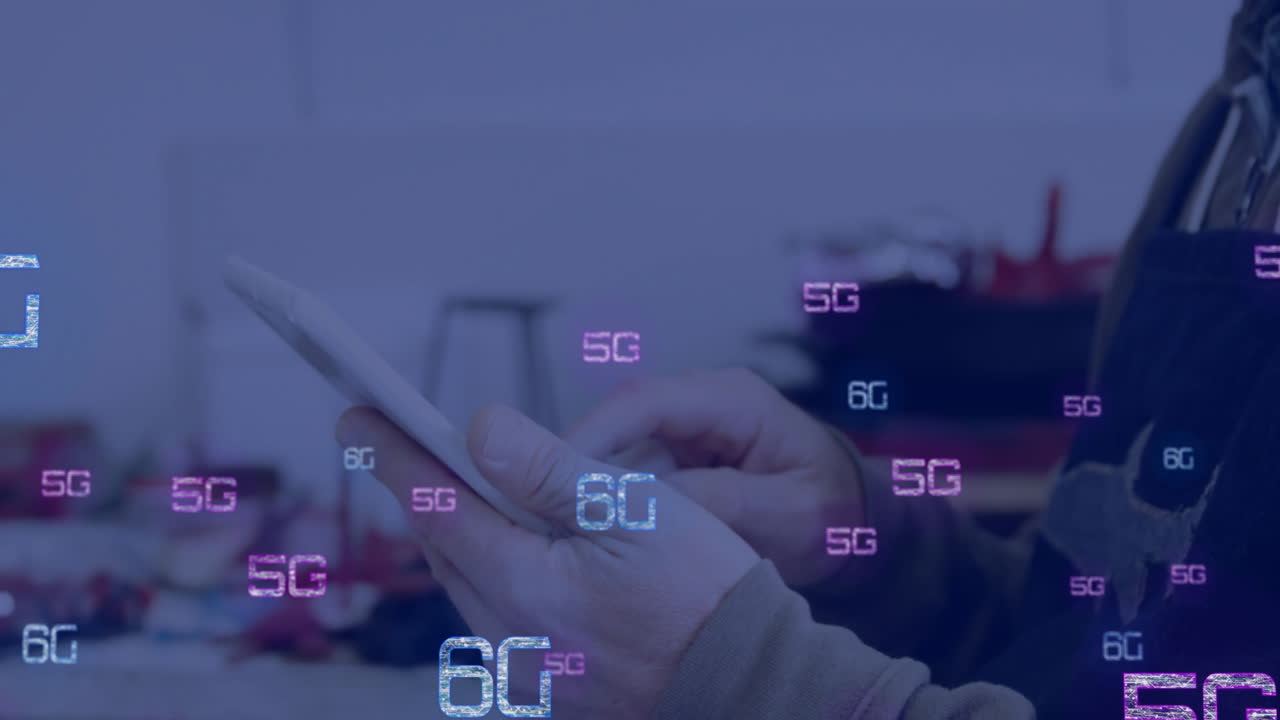 Mani che tengono uno smartphone con sovrapposizione animata della rete 5G e 6G