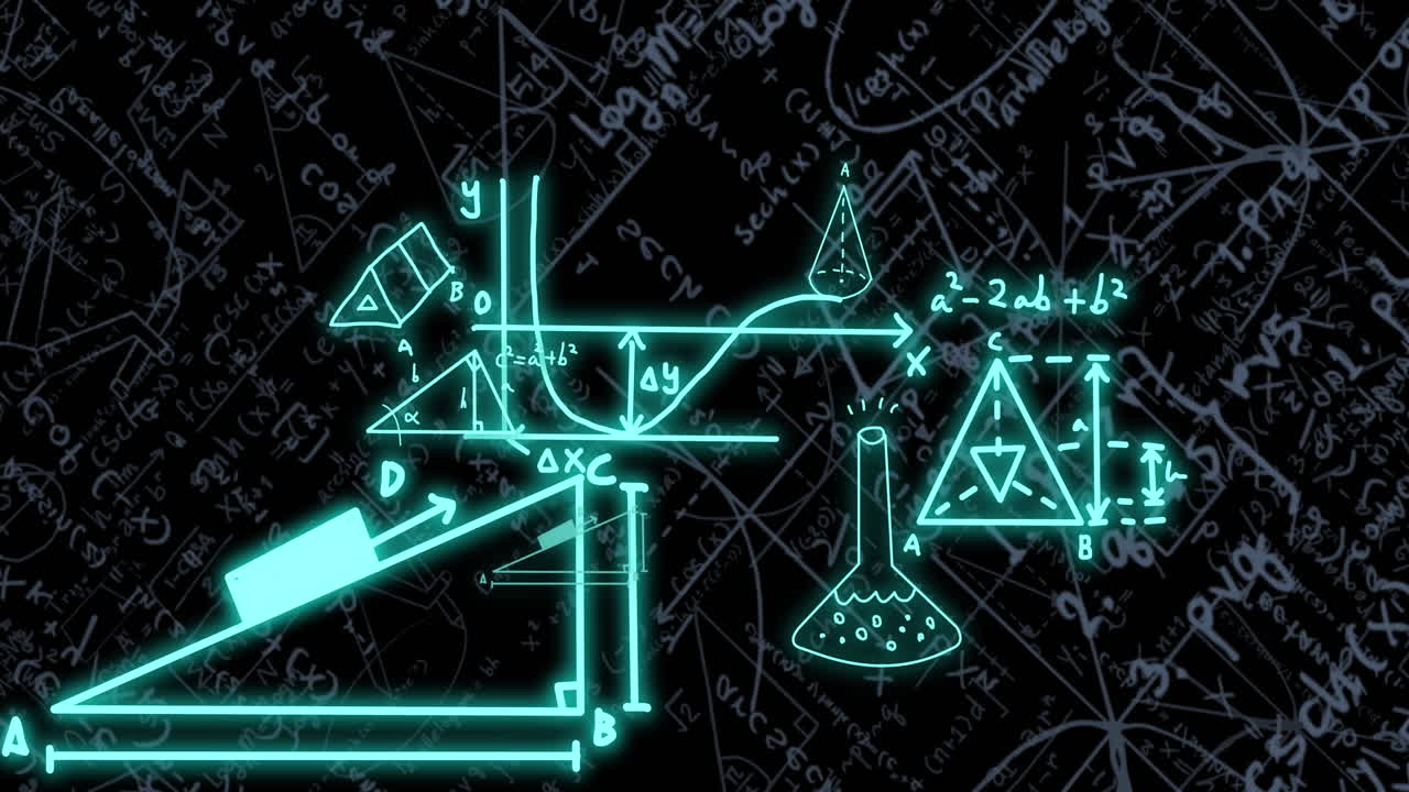 검은 바탕 위에 수학적 공식과 과학적 데이터 처리의 애니메이션