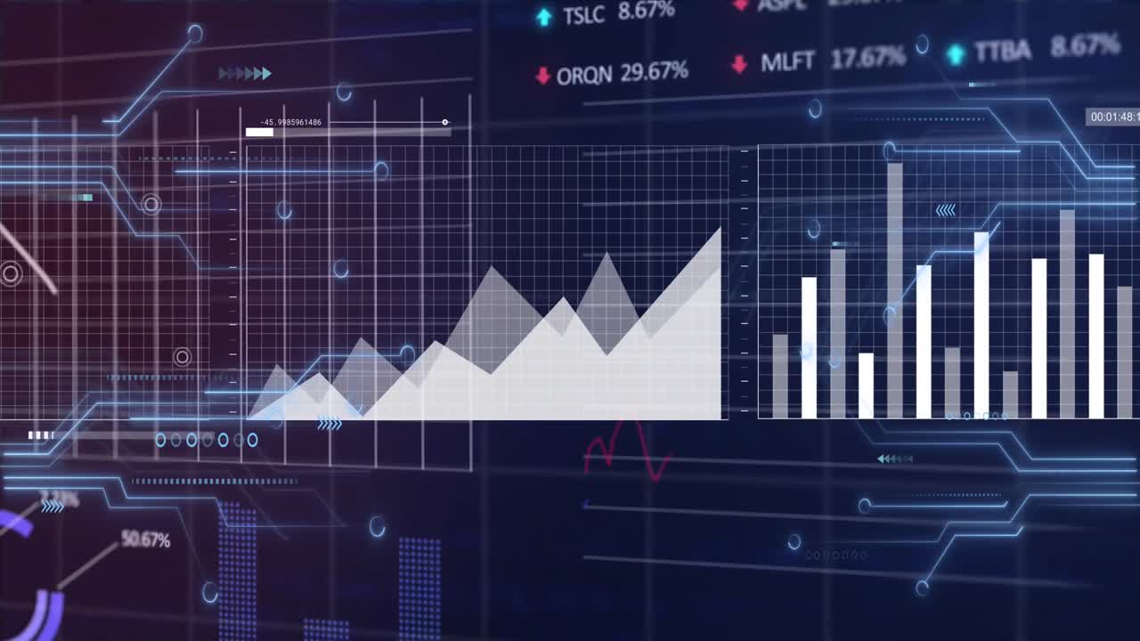animación de placas de circuitos informáticos con estadísticas y procesamiento de datos