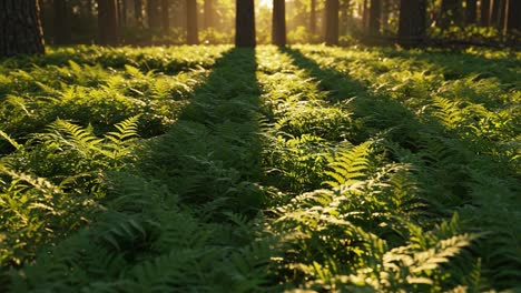 a serene forest scene bathed in golden light, showcasing lush green ferns and dappled shadows from towering trees in a peaceful natural environment