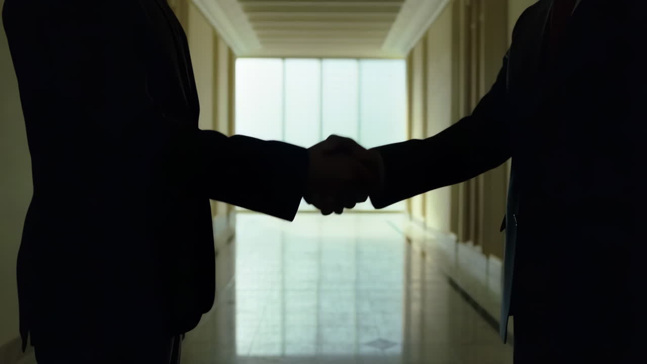Silhouette di due uomini d'affari che si stringono la mano in un corridoio luminoso