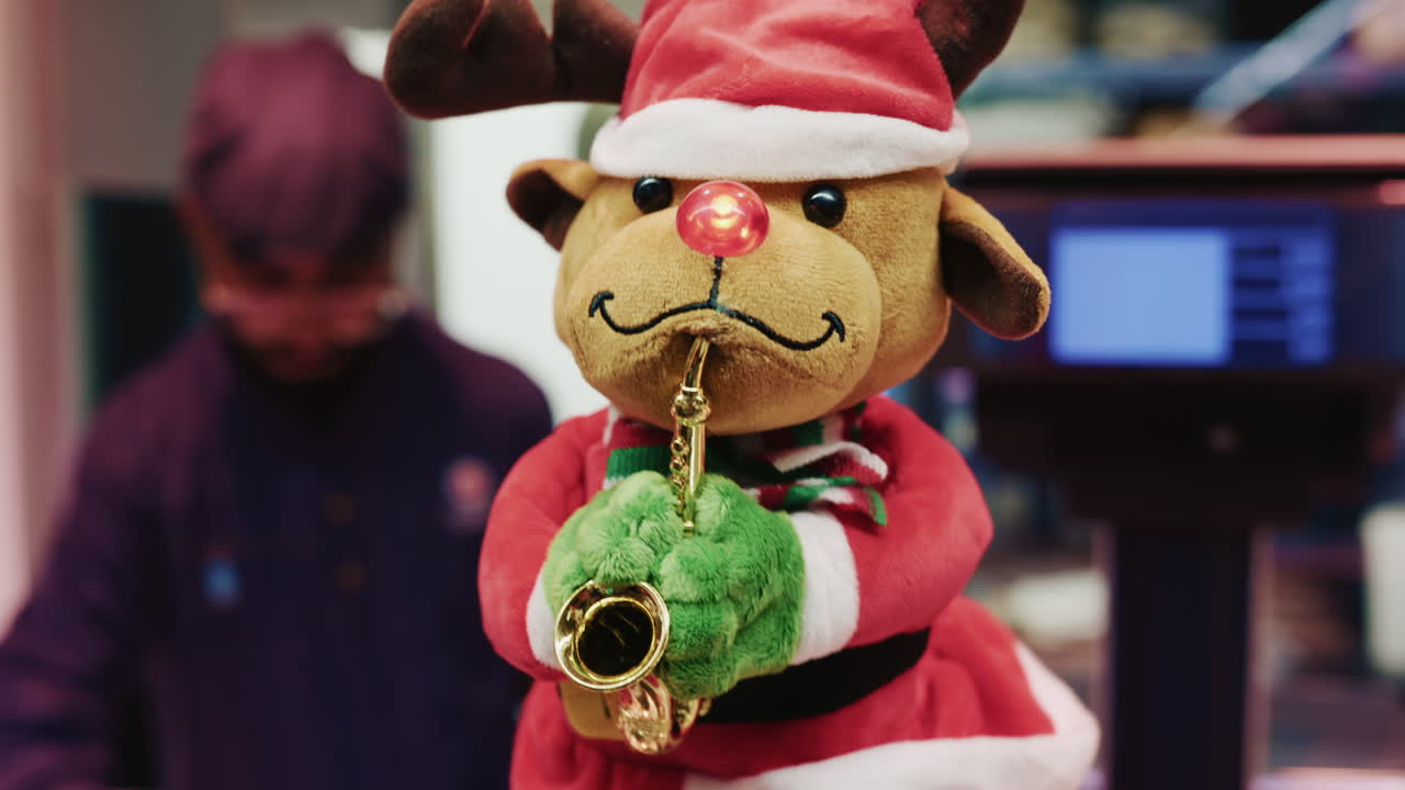 Festive reindeer toy wearing a Santa hat and holding a saxophone