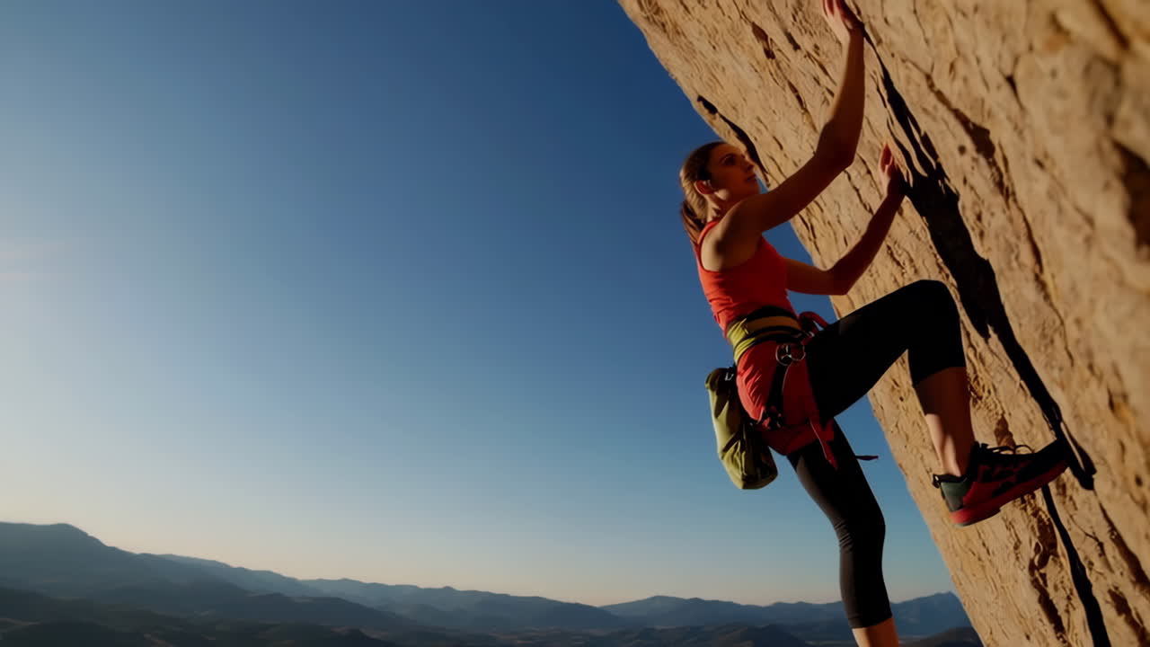 Woman Rock Climbing Outdoors on a Sunny Day