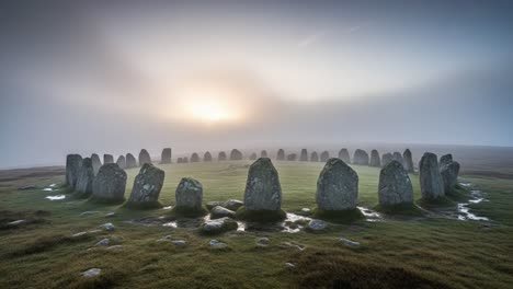 an ethereal landscape of ancient standing stones surrounded by mist and fog, capturing the mystique of time and nature's serenity at dawn
