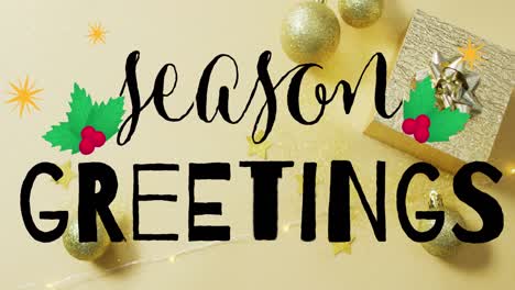 animation of season greetings text over christmas decorations on yellow background