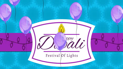 animación de globos flotantes sobre un feliz festival de luces de diwali sobre una etiqueta en un fondo azul