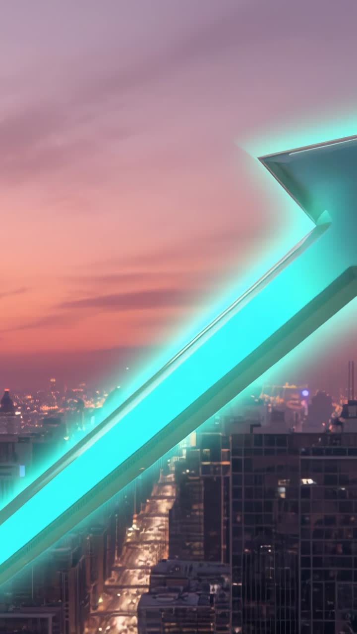 Vídeo vertical: linha fraca emergindo e formando uma flecha sobre o horizonte crepuscular, indicando crescimento, espaço para texto