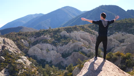 a handsome man hiker raising his arms in triumph and celebration of climbing to the peak of a mountain above the forest of california