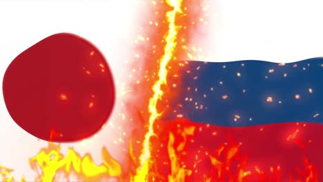 japan versus russia flag on fire loop animation