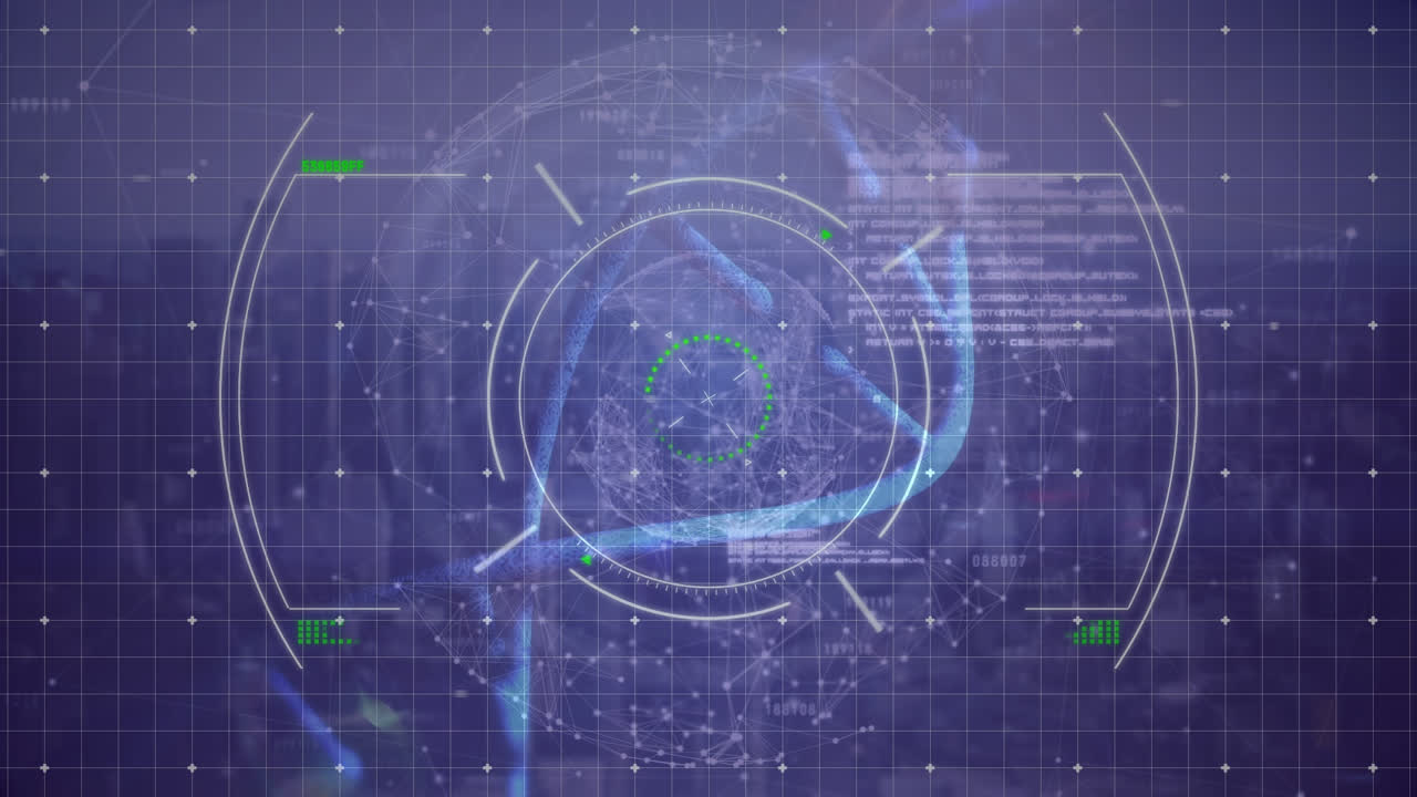 클론 텍스트와 함께 dna의 애니메이션, hud 프로세싱, 그리드 패턴 디지털 인터페이스에 점을 연결