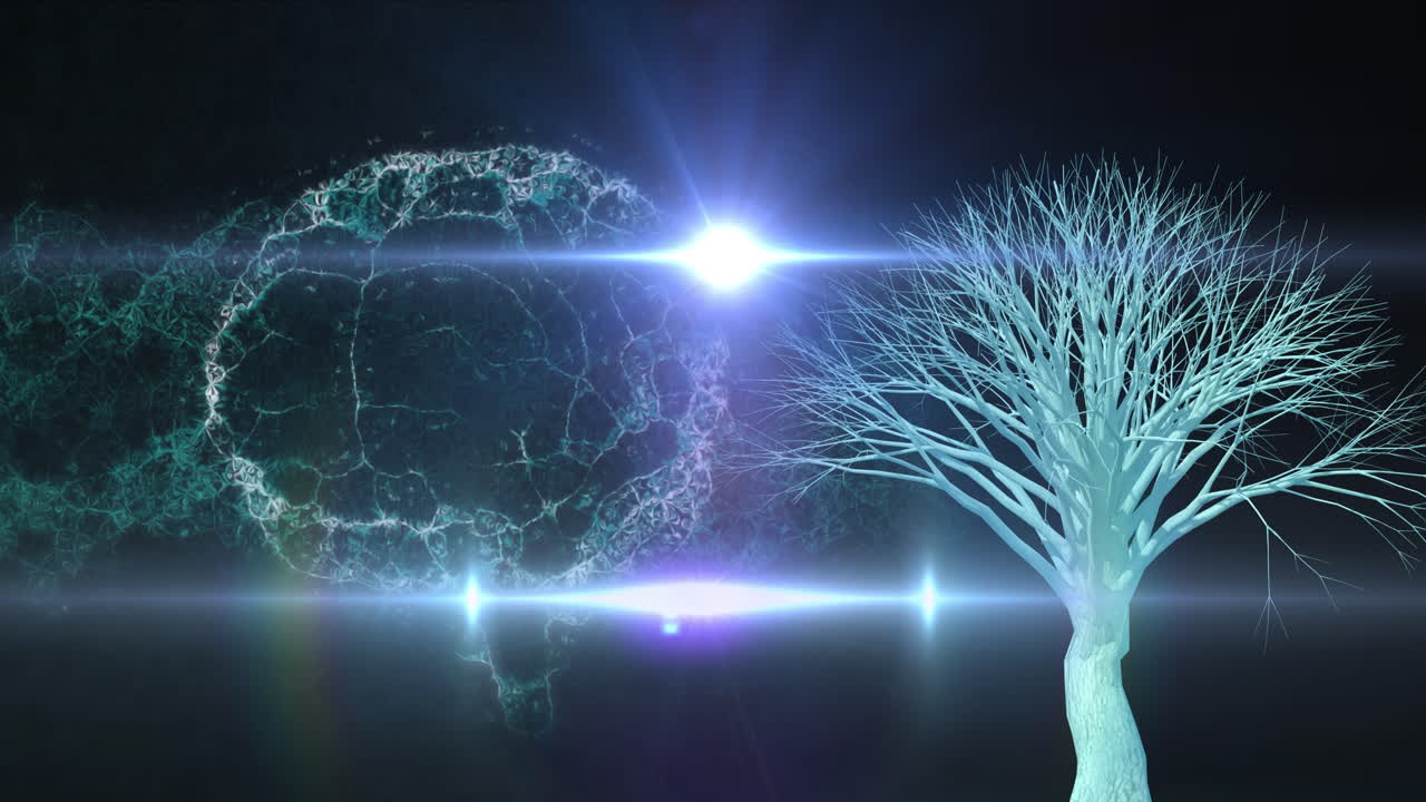 animación del cerebro girando sobre fondo negro con luces y árbol