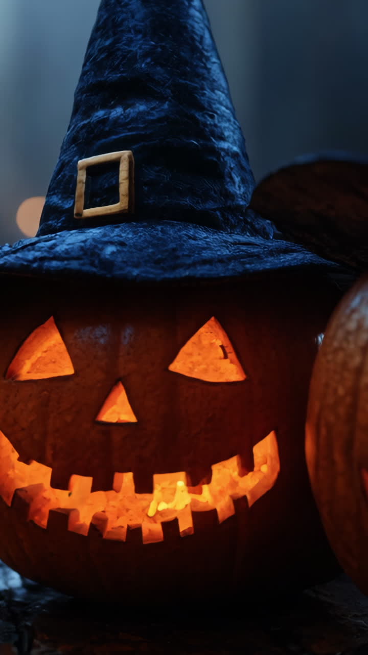 Two pumpkins with witch hats on top of a table. The pumpkins are lit up and have a spooky, Halloween vibe