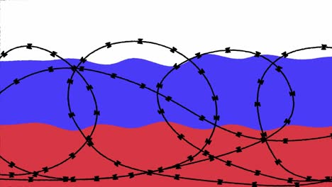 sansctions on russia concept animation. waving russian flag behind barbed wire.