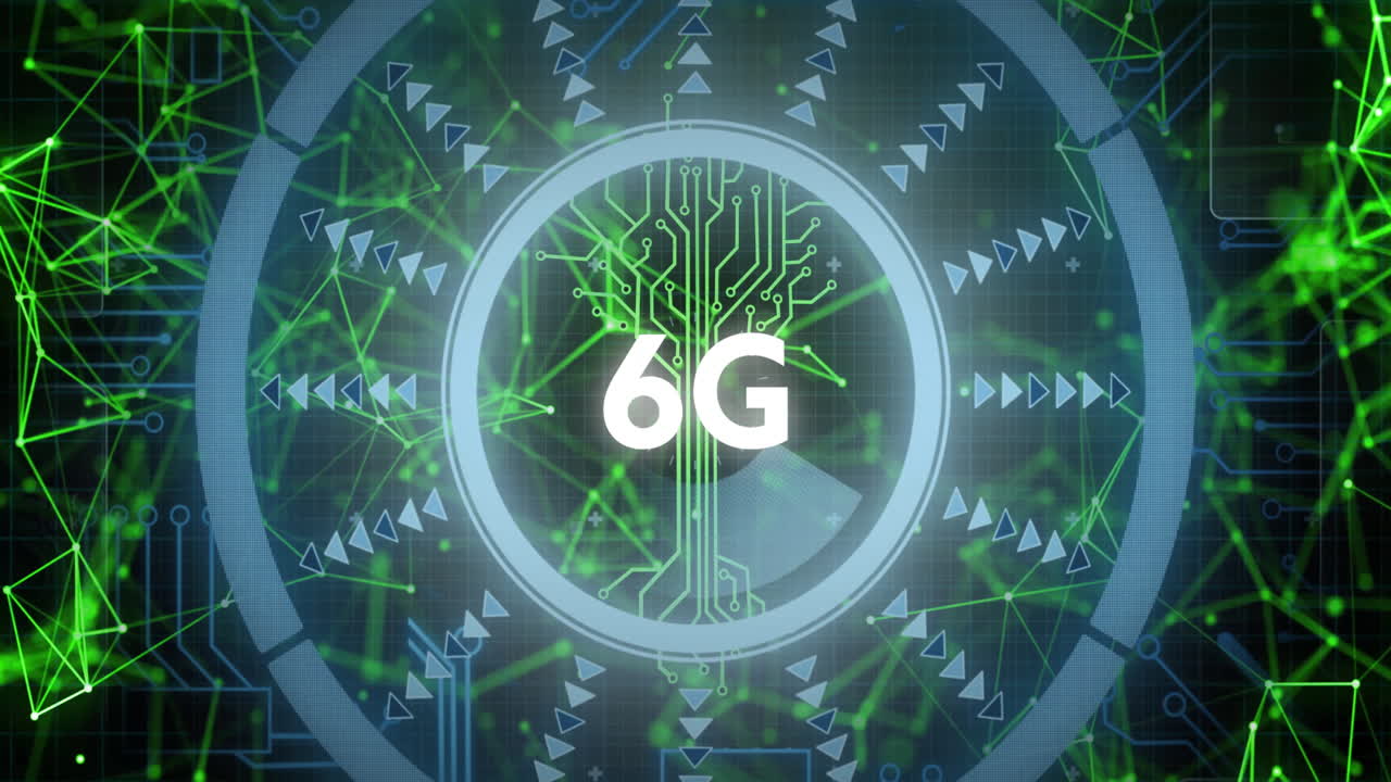 Circuit board design with digital patterns illustrating 6G technology animation