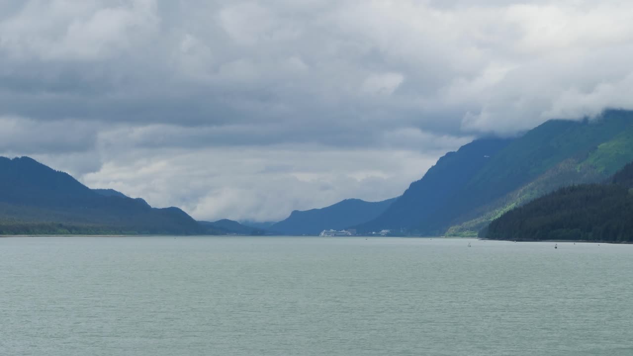 Sailing down the Gastineau Channel on a cloudy and rainy day, heading towards Juneau, Alaska.