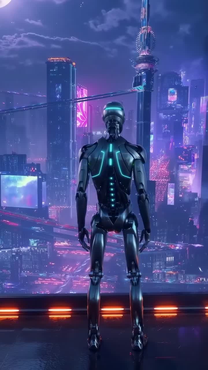 Paesaggio urbano futuristico con un robot in primo piano, ripreso da un'angolazione bassa