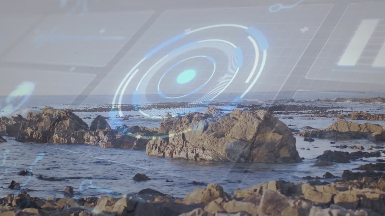 Jagged rock formation being visualized at tidal shoreline, showing 3D HUD rings and data panels