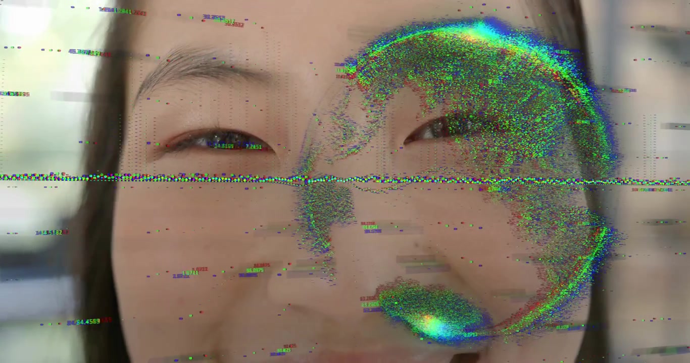 Close-up woman opening eyelids with static lines initiating glitch globe merging for tech design