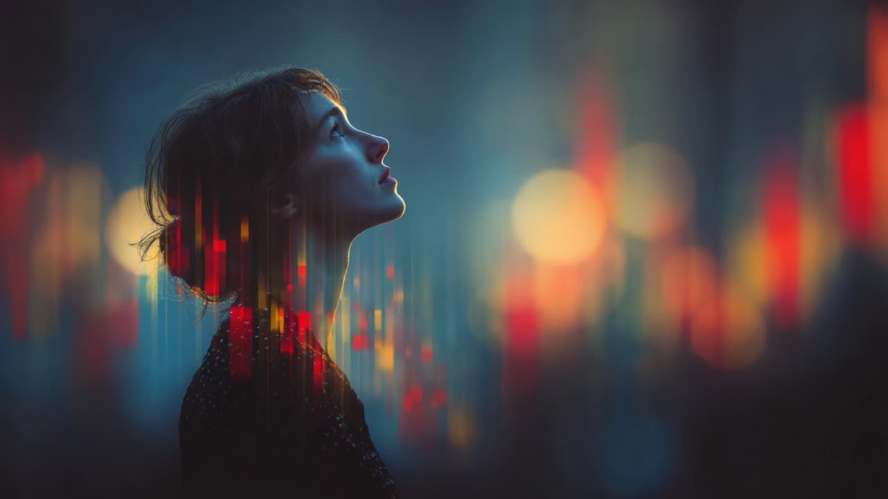A surreal depiction of a woman gazing upward, illuminated by vibrant colors and abstract patterns, creating an ethereal and dreamlike atmosphere in the visual landscape