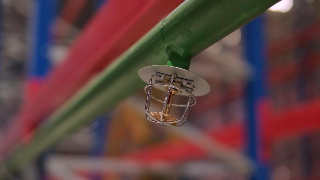 물 기반의 화재 보호 시스템은 큰 공장에 설치되어 있습니다. 스프링클러가있는 파이프가 있습니다.