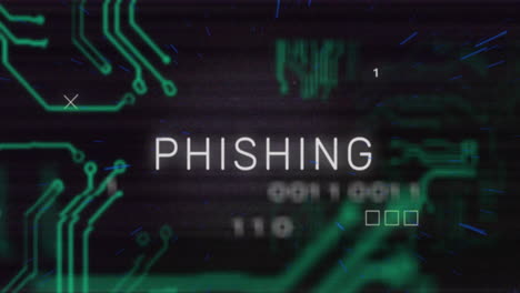 phishing waarschuwing tekst animatie knipperend over digitale printplaat achtergrond