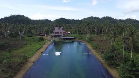 parque de despertar del cable de siargao con lago artificial de wakeboarding en medio de las colinas del bosque tropical de palmeras