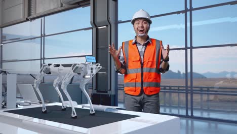 full body of asian male engineer with safety helmet standing in high tech factory, analyzing robotic machine concept. smiling to camera and saying wow