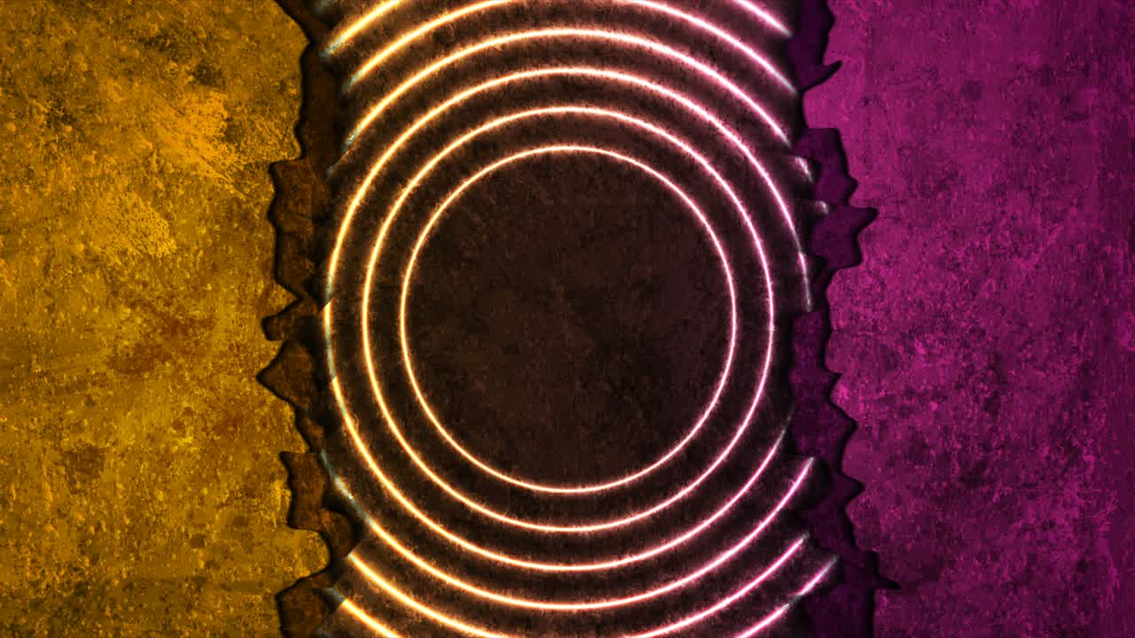 grunge púrpura pared de hormigón naranja rota con círculos de neón animación de video